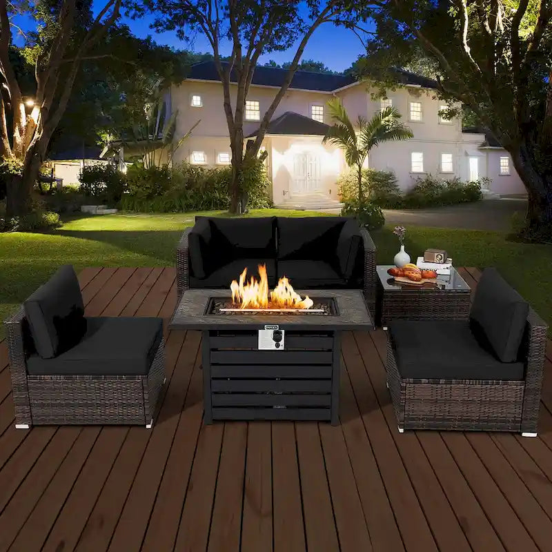 Costway 6PCS Patio Rattan Furniture Set 42 Fire Pit Table Cover Sofa - See Details
