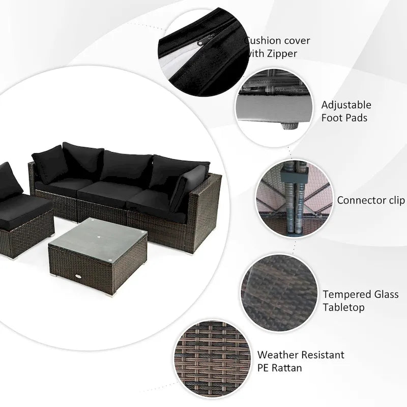 Costway 6PCS Patio Rattan Furniture Set 42 Fire Pit Table Cover Sofa - See Details