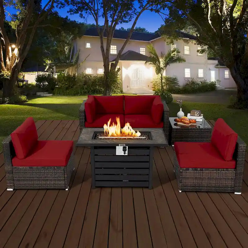 Costway 6PCS Patio Rattan Furniture Set 42 Fire Pit Table Cover Sofa - See Details