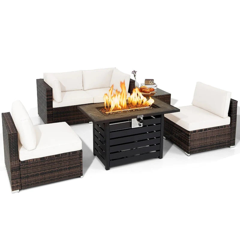 Costway 6PCS Patio Rattan Furniture Set 42 Fire Pit Table Cover Sofa - See Details