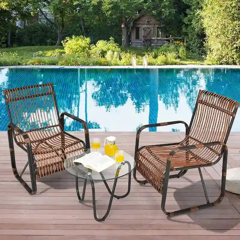 Gymax 3PCS Rattan Patio Conversation Set Bistro Furniture Set w/ Glass - See Details