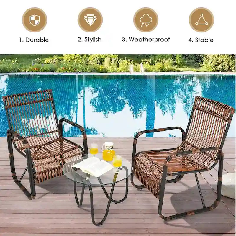 Gymax 3PCS Rattan Patio Conversation Set Bistro Furniture Set w/ Glass - See Details