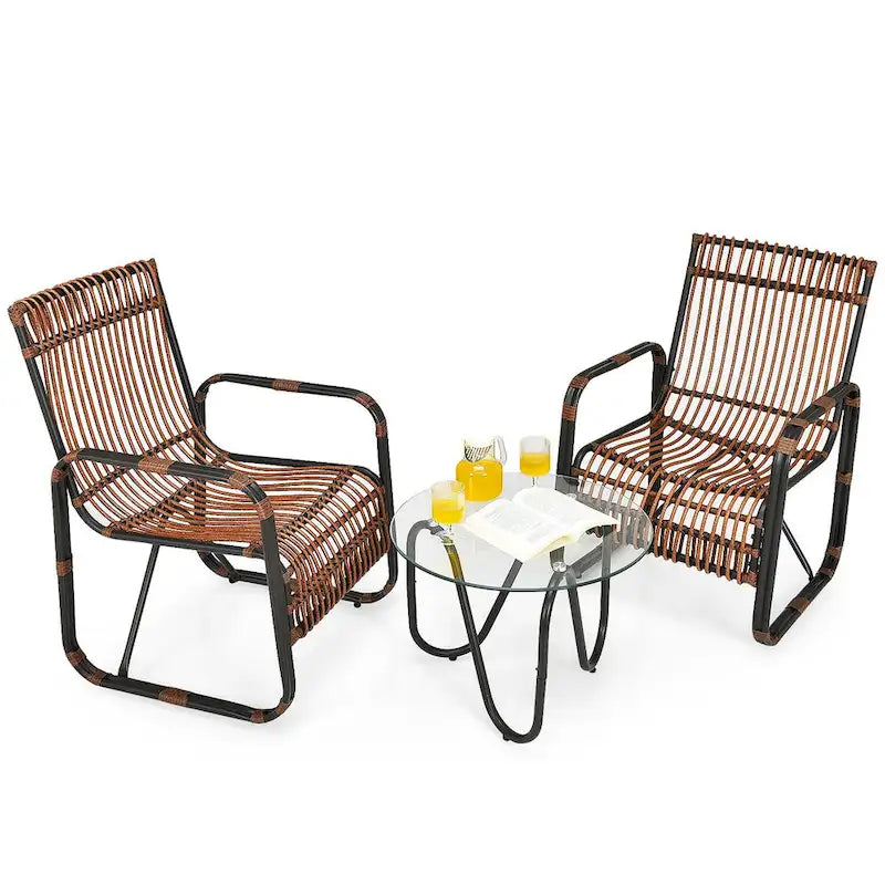 Gymax 3PCS Rattan Patio Conversation Set Bistro Furniture Set w/ Glass - See Details