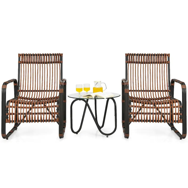 Gymax 3PCS Rattan Patio Conversation Set Bistro Furniture Set w/ Glass - See Details