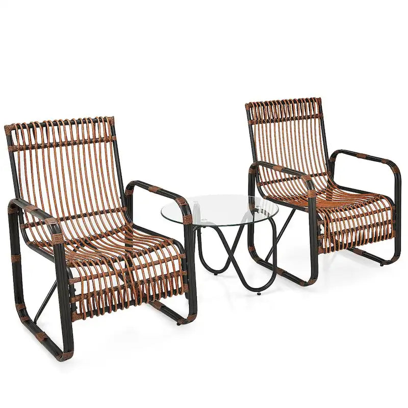 Gymax 3PCS Rattan Patio Conversation Set Bistro Furniture Set w/ Glass - See Details