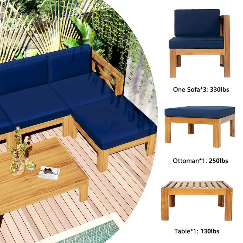 Outdoor Backyard Patio Wood 5-Piece Sectional Sofa Seating Group Set with Cushions, Natural Finish