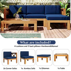 Outdoor Backyard Patio Wood 5-Piece Sectional Sofa Seating Group Set with Cushions, Natural Finish