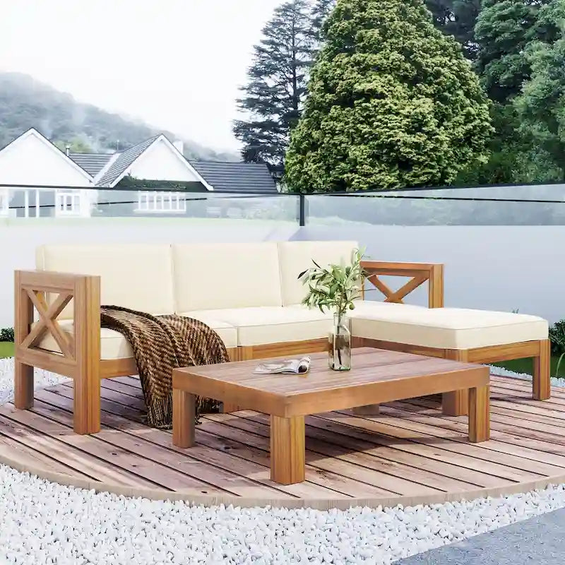 Outdoor Backyard Patio Wood 5-Piece Sectional Sofa Seating Group Set with Cushions, Natural Finish
