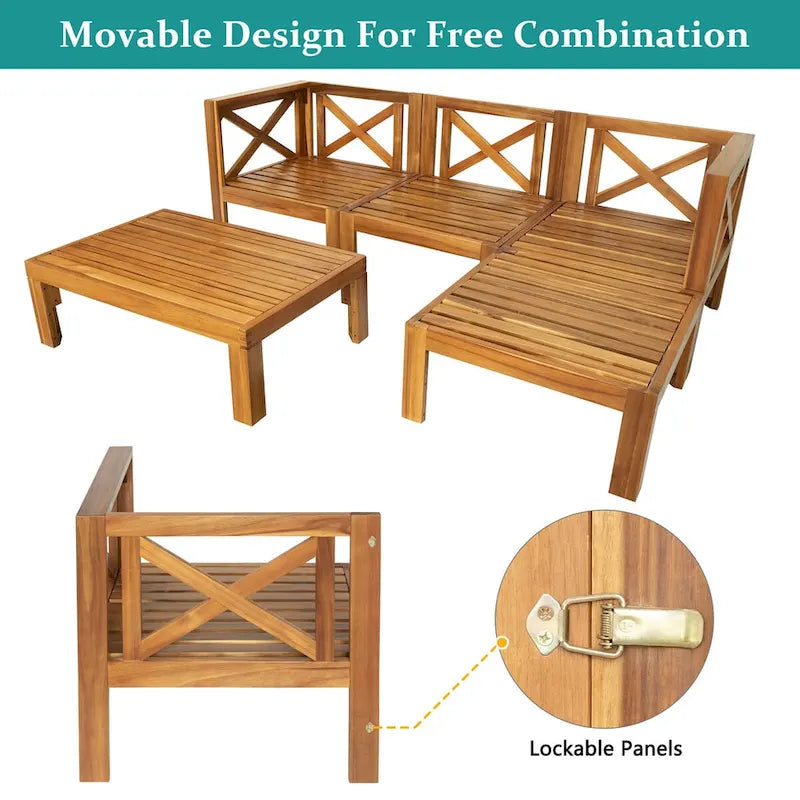 Outdoor Backyard Patio Wood 5-Piece Sectional Sofa Seating Group Set with Cushions, Natural Finish