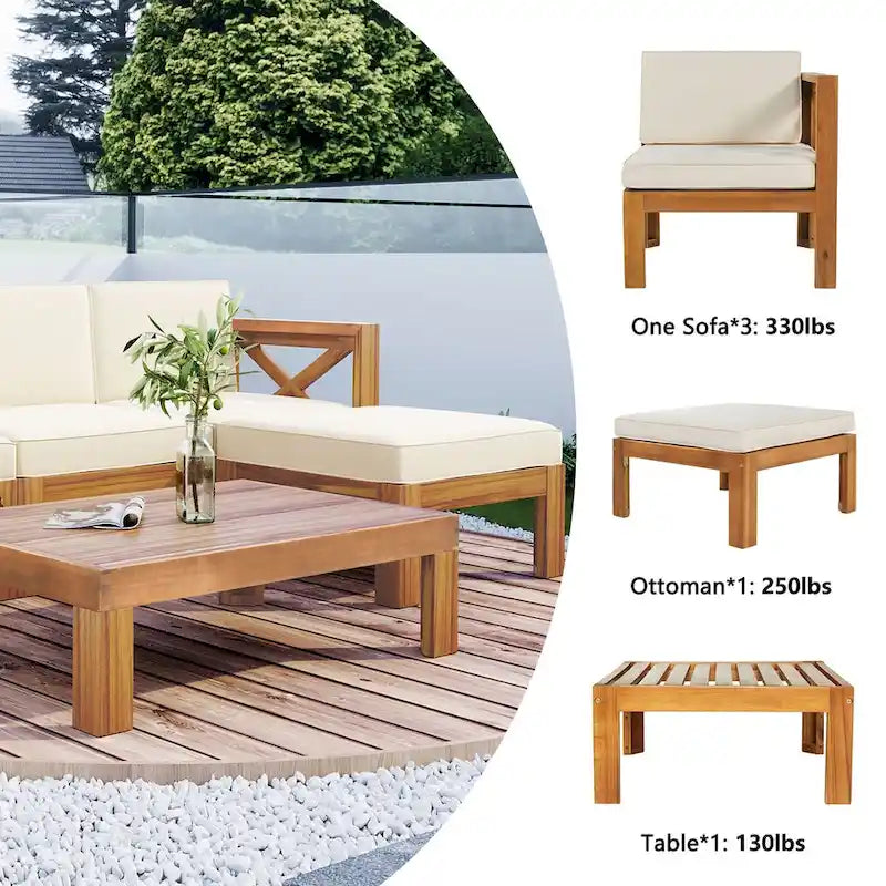 Outdoor Backyard Patio Wood 5-Piece Sectional Sofa Seating Group Set with Cushions, Natural Finish