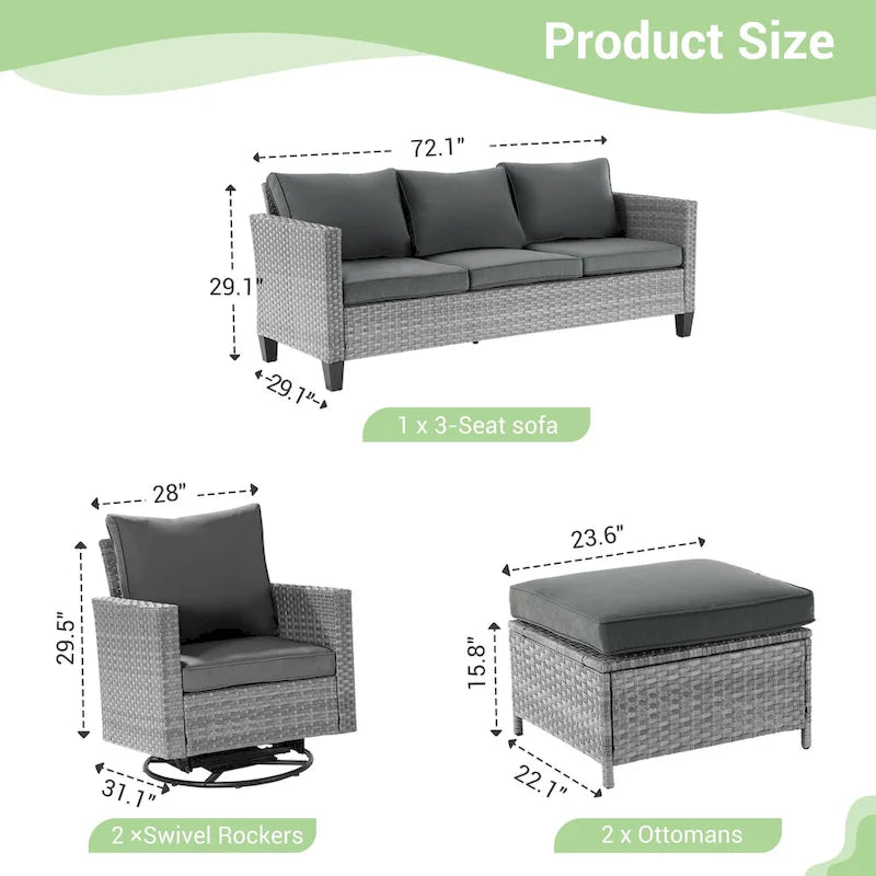 Patio Gray Rattan Outdoor Furniture Swivel Rocking Sofa