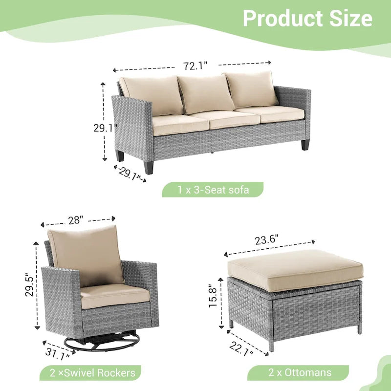 Patio Gray Rattan Outdoor Furniture Swivel Rocking Sofa