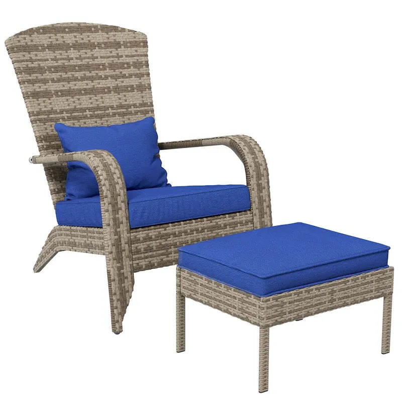 Patio Wicker Adirondack Chair with Ottoman, Cushions