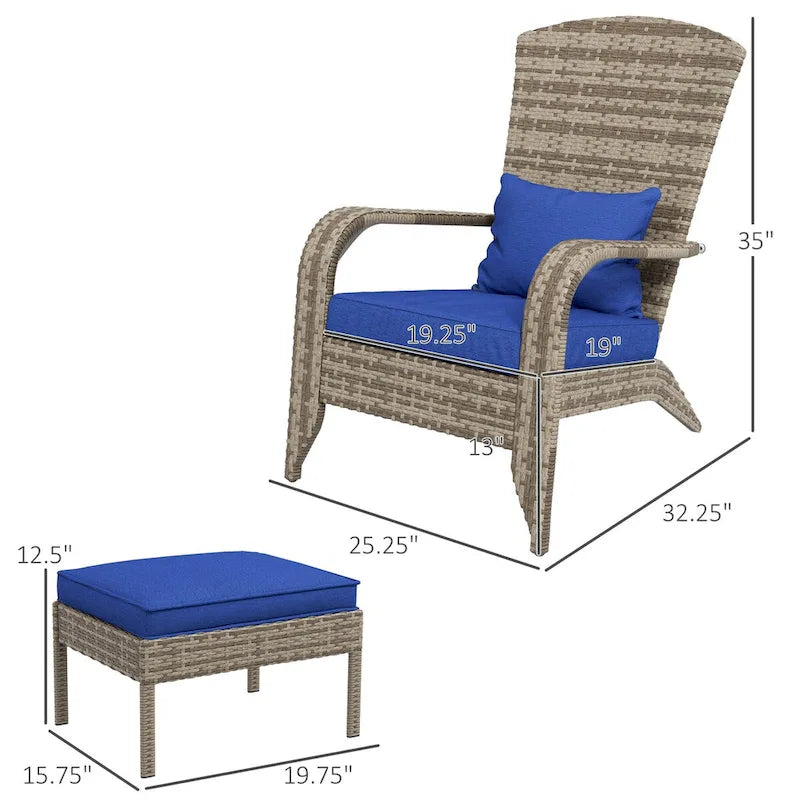 Patio Wicker Adirondack Chair with Ottoman, Cushions