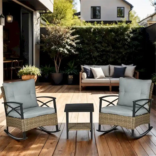 3 Piece Patio Wicker Rocking Chair Set with Cushioned and Coffee Table