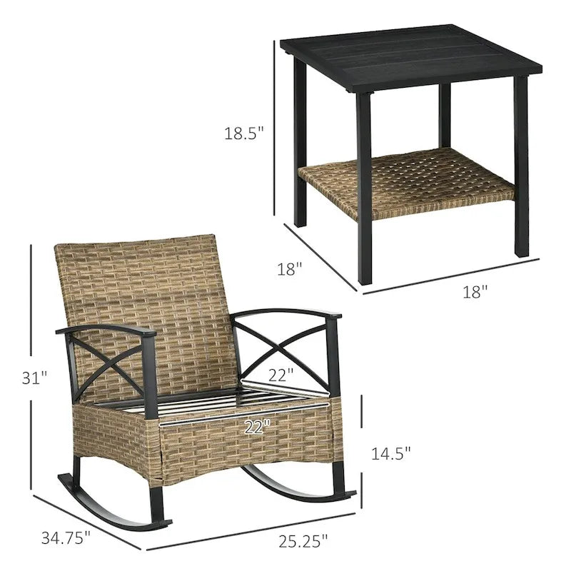 3 Piece Patio Wicker Rocking Chair Set with Cushioned and Coffee Table