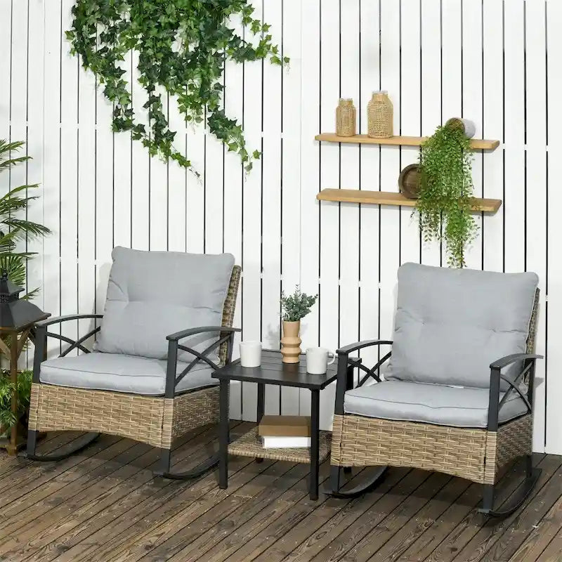 3 Piece Patio Wicker Rocking Chair Set with Cushioned and Coffee Table