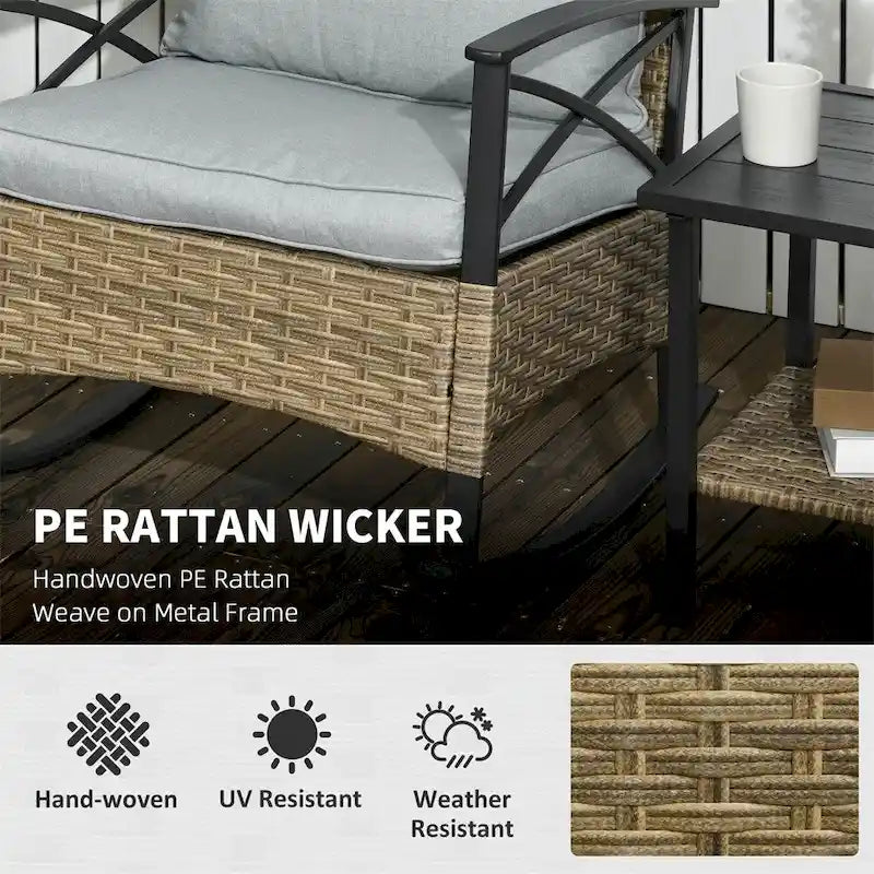 3 Piece Patio Wicker Rocking Chair Set with Cushioned and Coffee Table