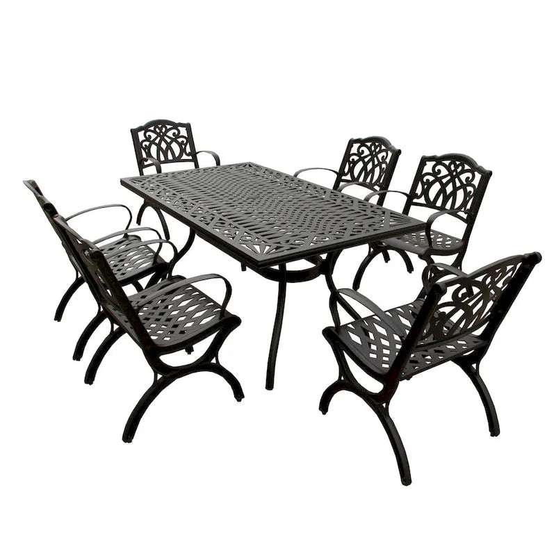 Modern Ornate Outdoor Mesh Aluminum 68-in Rectangular Patio Dining Set with Six Chairs - N/A