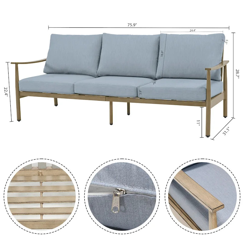 Aluminum Patio Conversation, 3-Seat Outdoor Couch with Ottomans and Coffee Table