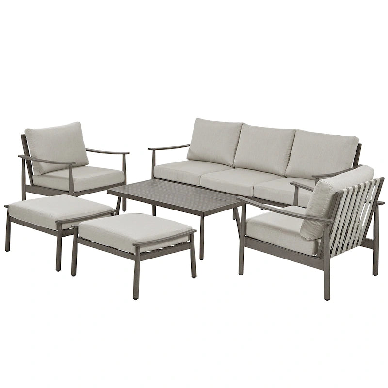 6-Piece Aluminum Patio Conversation Set, 3-Seat Outdoor Couch with Ottomans and Coffee Table