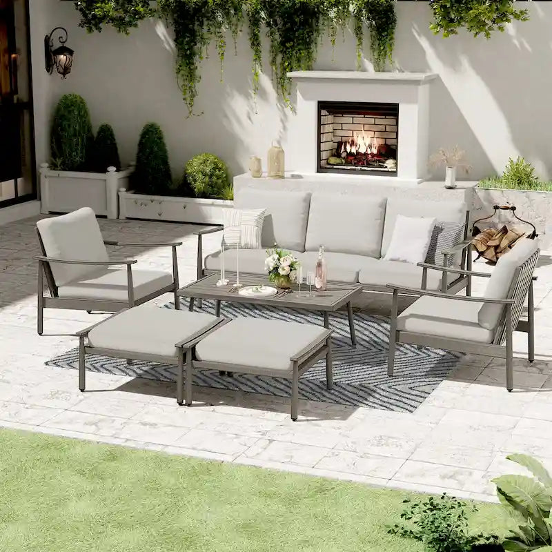 Aluminum Patio Conversation, 3-Seat Outdoor Couch with Ottomans and Coffee Table
