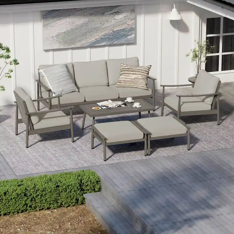 Aluminum Patio Conversation, 3-Seat Outdoor Couch with Ottomans and Coffee Table
