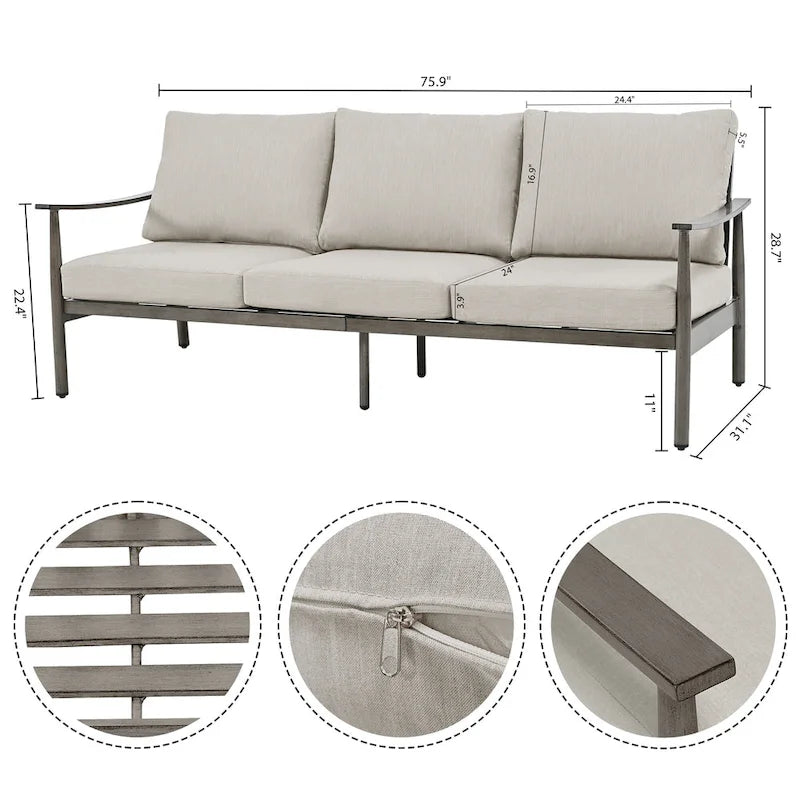 Aluminum Patio Conversation, 3-Seat Outdoor Couch with Ottomans and Coffee Table