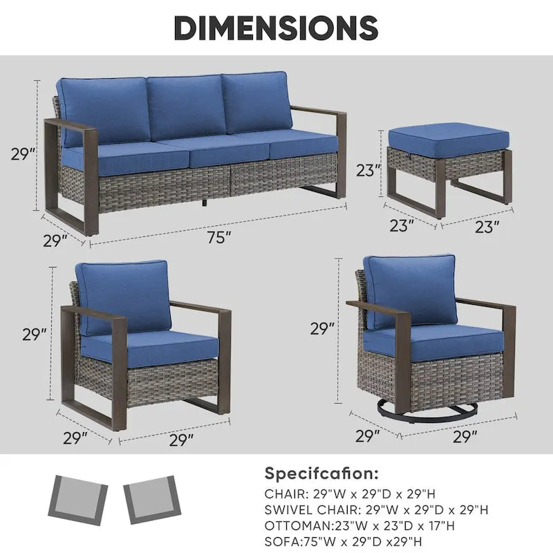 Outdoor Sofa Club Chair, Swivel Chair with Ottoman and Table - Grey