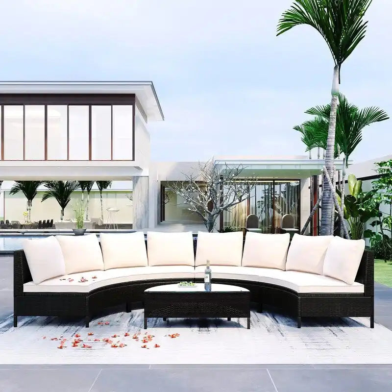 5 Pieces Patio Half-Moon Sofa Set with Tempered Glass Table