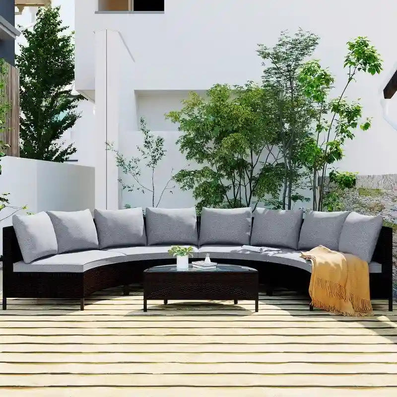 5 Pieces Patio Half-Moon Sofa Set with Tempered Glass Table