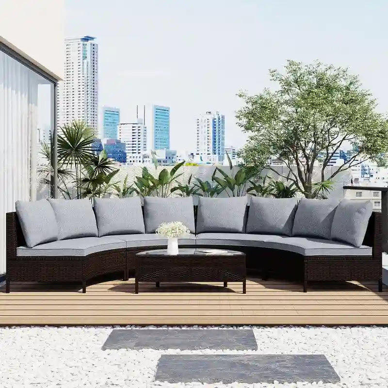 5 Pieces Patio Half-Moon Sofa Set with Tempered Glass Table