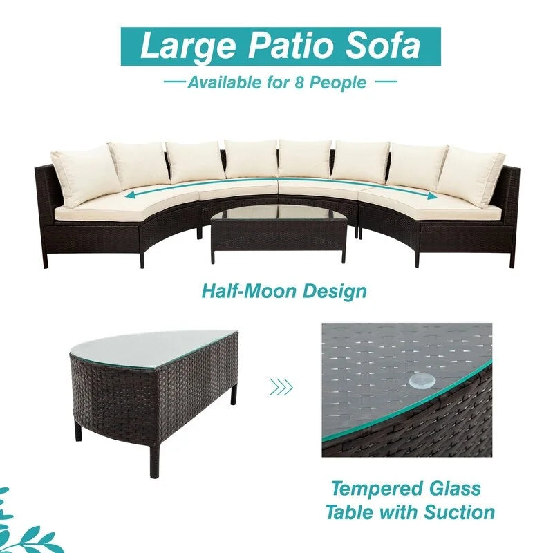 5 Pieces Patio Half-Moon Sofa Set with Tempered Glass Table
