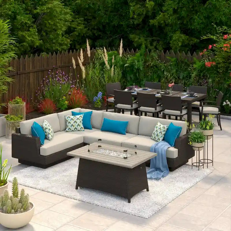 Portofino Comfort 14 Piece Sunbrella Outdoor Patio Sectional Seating & Dining Set With Fire Table