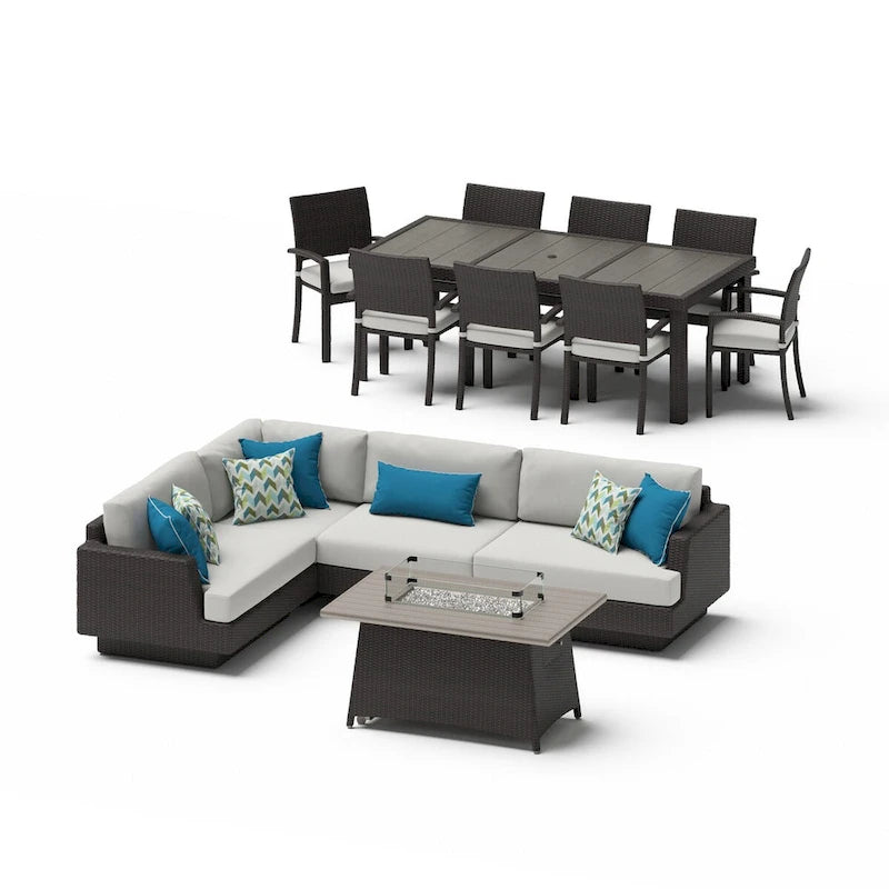 Portofino Comfort 14 Piece Sunbrella Outdoor Patio Sectional Seating & Dining Set With Fire Table