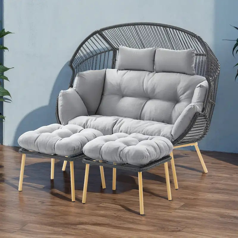 2-Seat Wicker Double Egg Chair with 2 Ottoman - Yellow