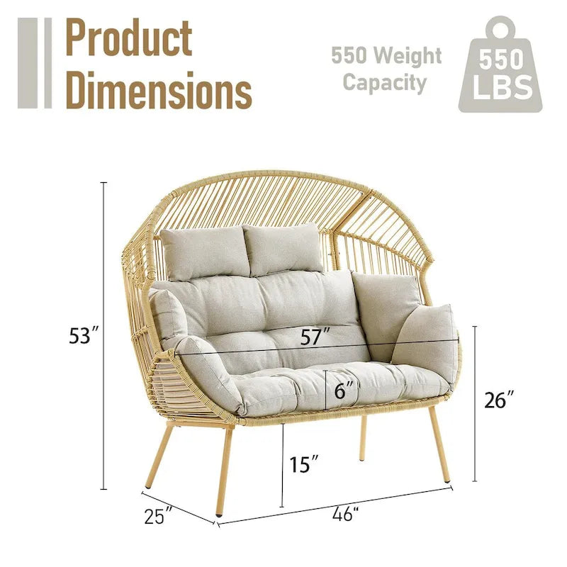 2-Seat Wicker Double Egg Chair with 2 Ottoman - Yellow
