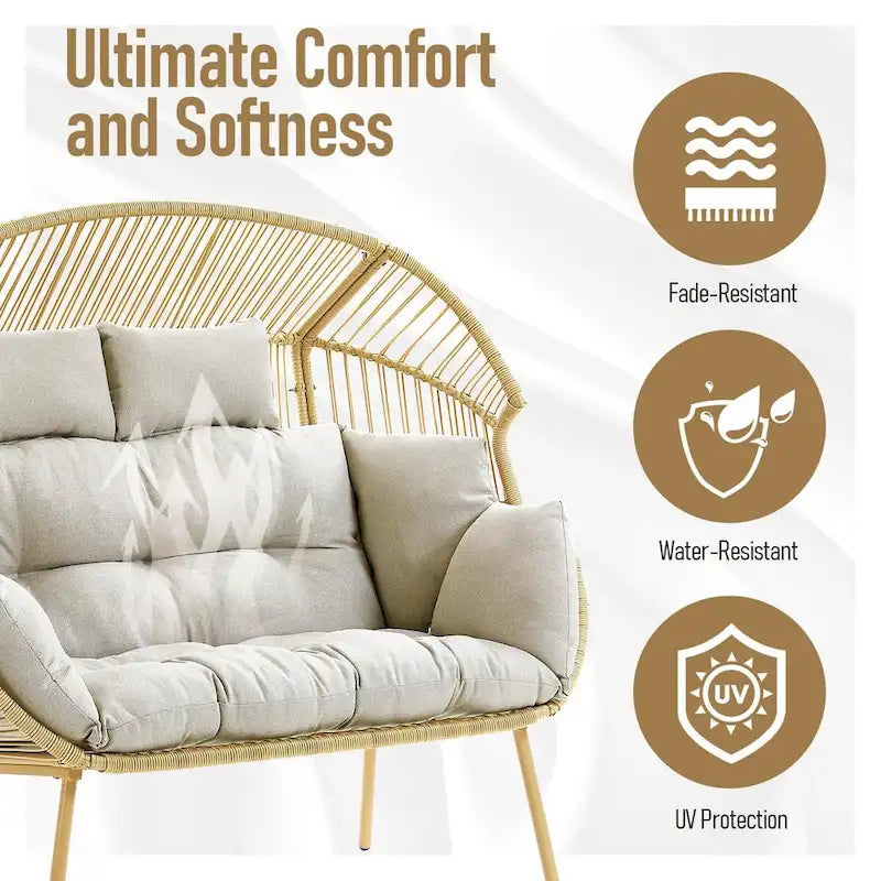 2-Seat Wicker Double Egg Chair with 2 Ottoman - Yellow