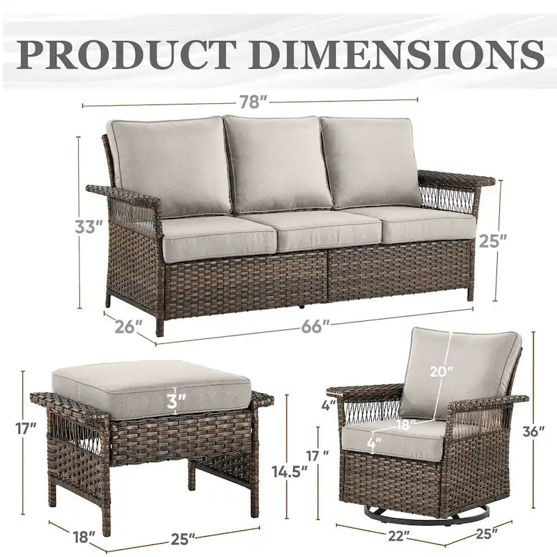 Patio Rattan Sofa Glider Chair Ottoman Set - Brown