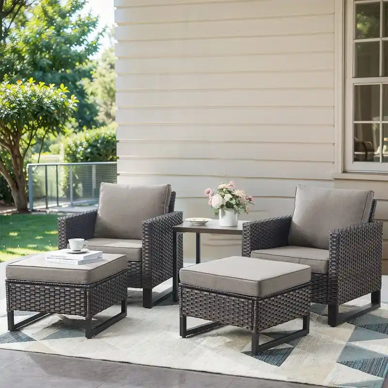 Outdoor Chair and Ottoman, Side Table Set - Brown