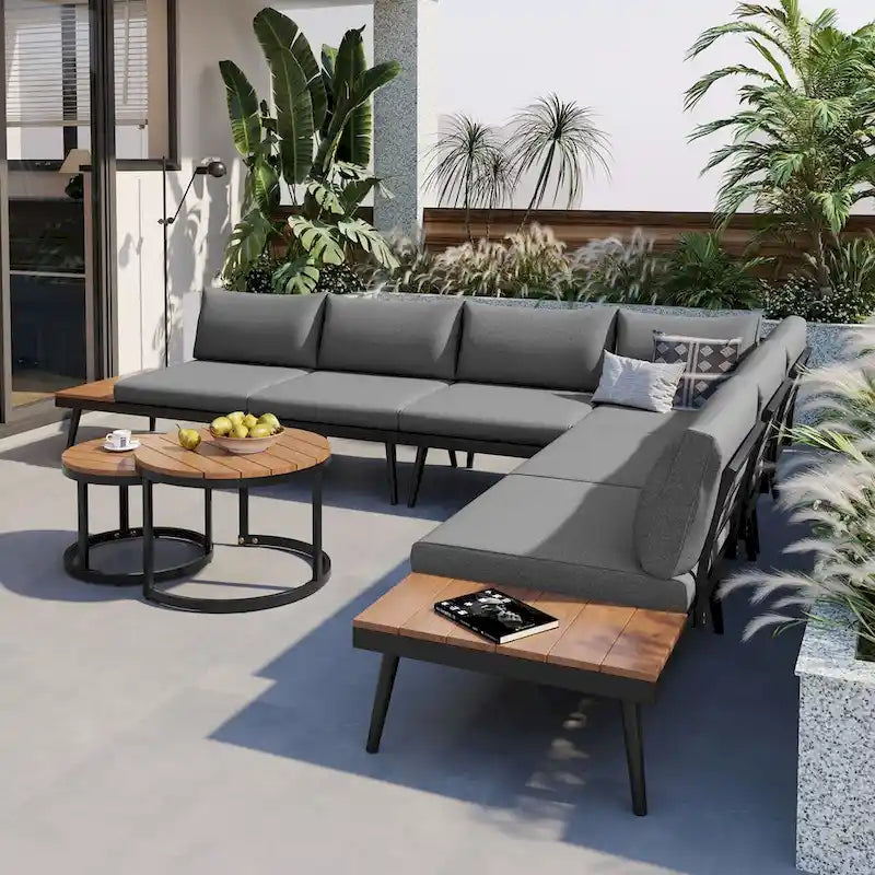 Grey Acacia Wood Outdoor Sectional Sofa with Round Nesting Coffee Tables and Side Storage Shelf, Cushioned Seating