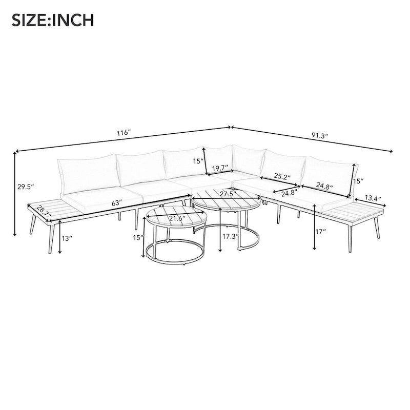 Grey Acacia Wood Outdoor Sectional Sofa with Round Nesting Coffee Tables and Side Storage Shelf, Cushioned Seating