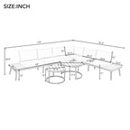 Grey Acacia Wood Outdoor Sectional Sofa with Round Nesting Coffee Tables and Side Storage Shelf, Cushioned Seating
