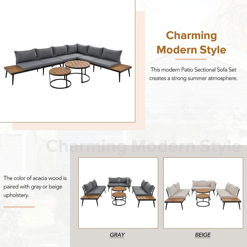 Grey 6-piece Acacia Wood Outdoor Sectional Sofa Set with Round Nesting Coffee Tables and Side Storage Shelf, Cushioned Seating