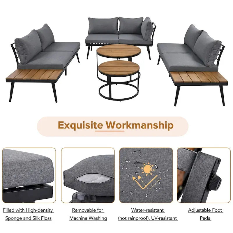 Grey 6-piece Acacia Wood Outdoor Sectional Sofa Set with Round Nesting Coffee Tables and Side Storage Shelf, Cushioned Seating