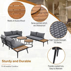 Grey Acacia Wood Outdoor Sectional Sofa with Round Nesting Coffee Tables and Side Storage Shelf, Cushioned Seating