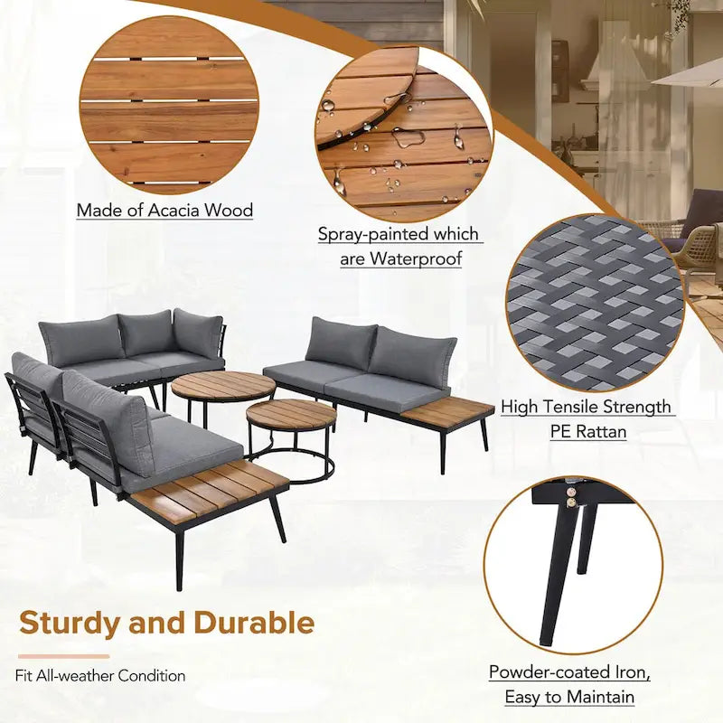 Grey Acacia Wood Outdoor Sectional Sofa with Round Nesting Coffee Tables and Side Storage Shelf, Cushioned Seating
