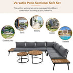 Grey Acacia Wood Outdoor Sectional Sofa with Round Nesting Coffee Tables and Side Storage Shelf, Cushioned Seating