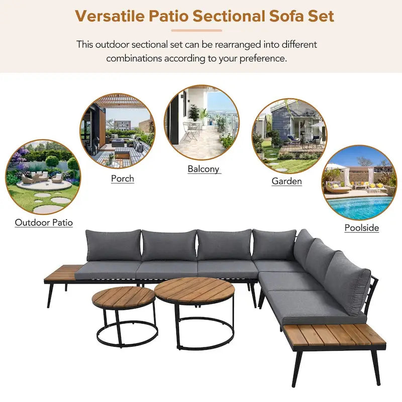 Grey Acacia Wood Outdoor Sectional Sofa with Round Nesting Coffee Tables and Side Storage Shelf, Cushioned Seating
