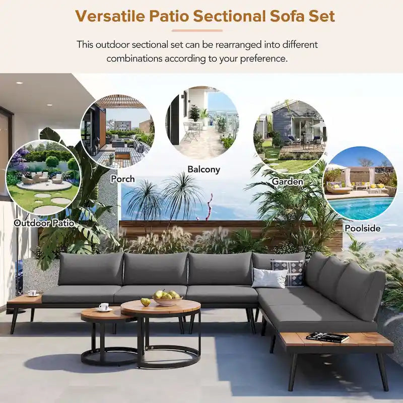 Grey Acacia Wood Outdoor Sectional Sofa with Round Nesting Coffee Tables and Side Storage Shelf, Cushioned Seating